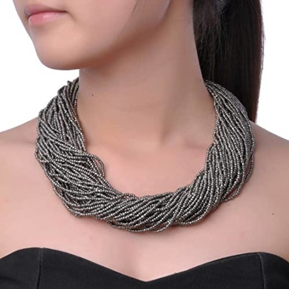 Silver Seed Beaded Necklace Boho Chunky Bead Necklace Multi Strand Seed Necklace - Picture 4 of 5